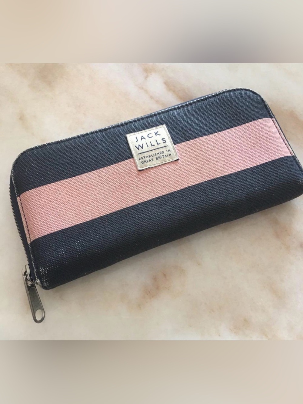Jack Wills Black and Pink Striped Zip Wallet